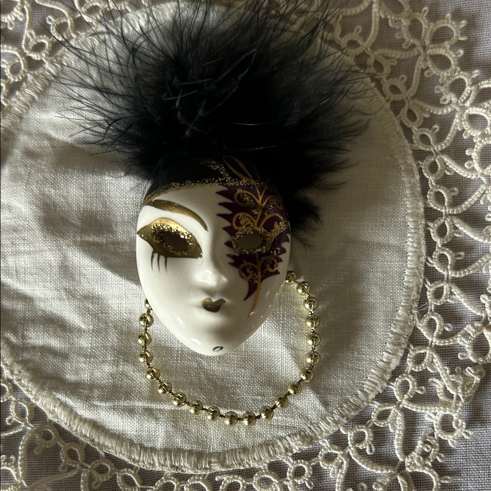 White and Black Venetian Mask Brooch with Gold Tone and Purple Accents
